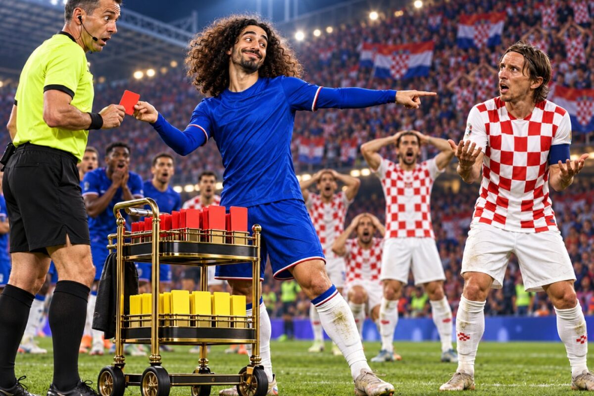 Marc Cucurella reicht einem verdutzten Schiedsrichter eine rote Karte, während er auf einen kroatischen Gegenspieler deutet und neben ihm ein Wagen voller Karten steht.