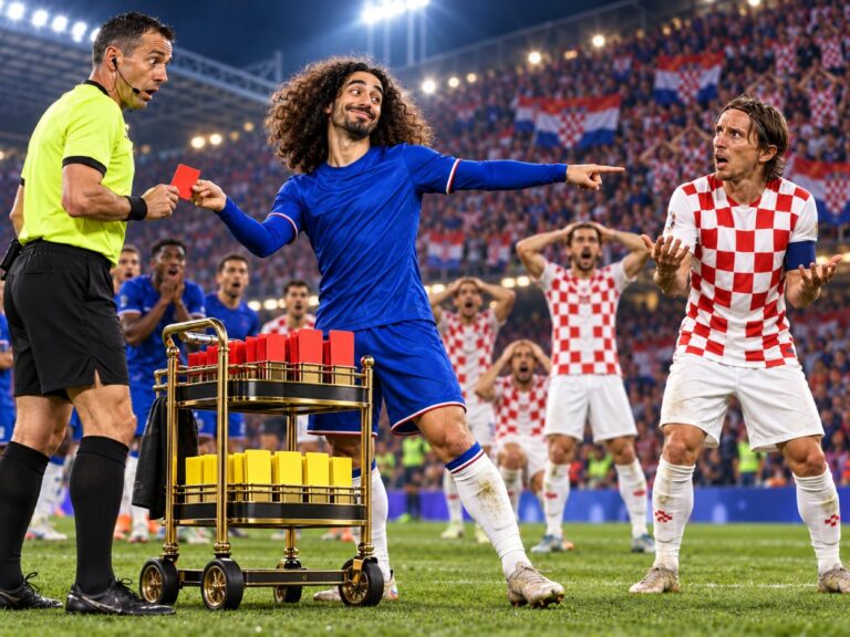 Marc Cucurella reicht einem verdutzten Schiedsrichter eine rote Karte, während er auf einen kroatischen Gegenspieler deutet und neben ihm ein Wagen voller Karten steht.