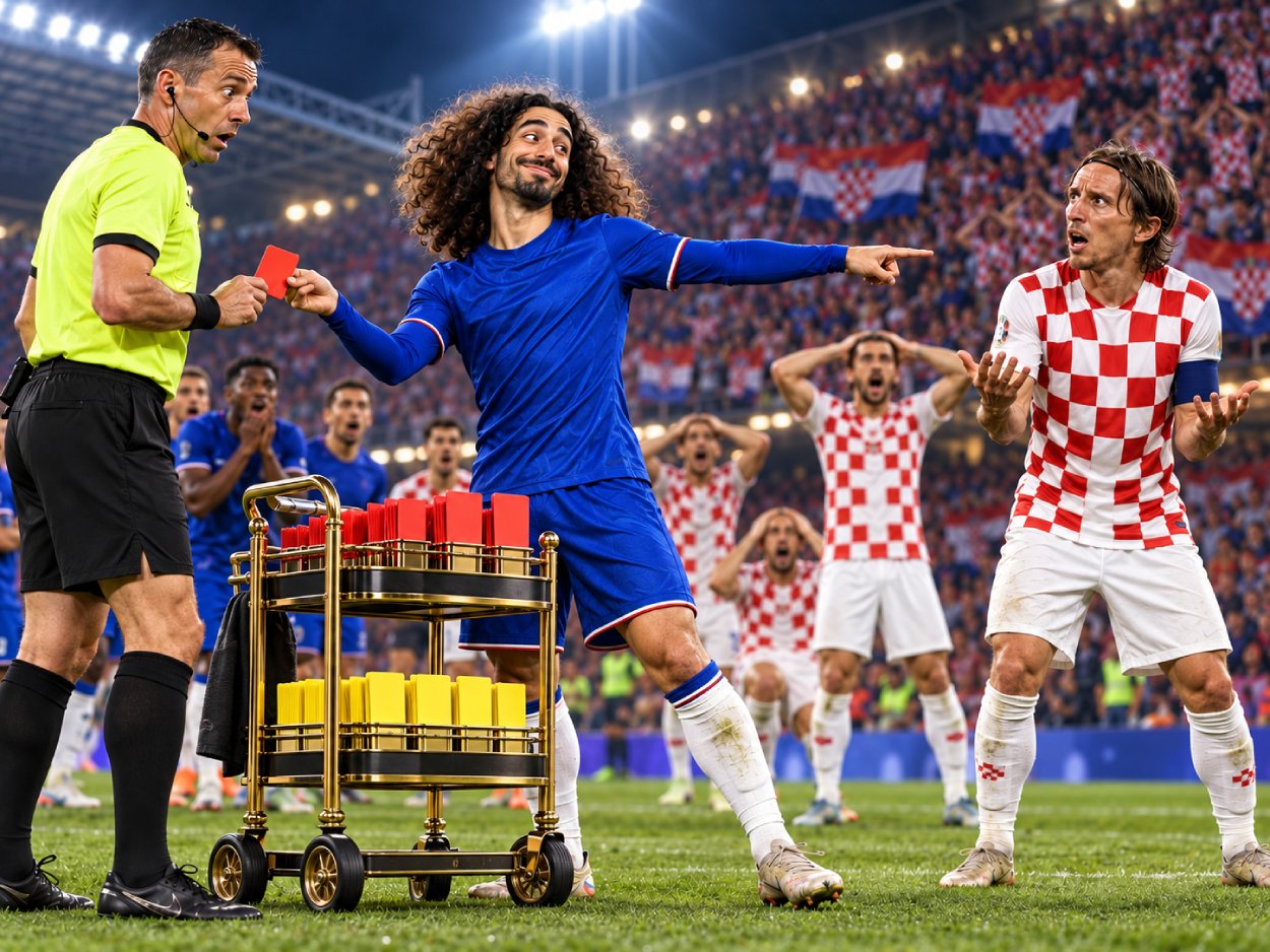 Marc Cucurella reicht einem verdutzten Schiedsrichter eine rote Karte, während er auf einen kroatischen Gegenspieler deutet und neben ihm ein Wagen voller Karten steht.