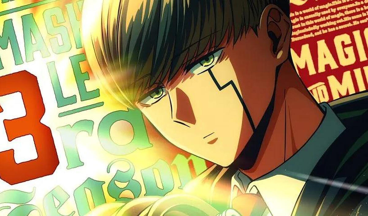 Offizielles Anime-Motiv zu Mashle: Magic and Muscles Staffel 3 mit dem schwarzhaarigen Protagonisten Mash Burnedead in seiner charakteristischen dunklen Zauberschuluniform.