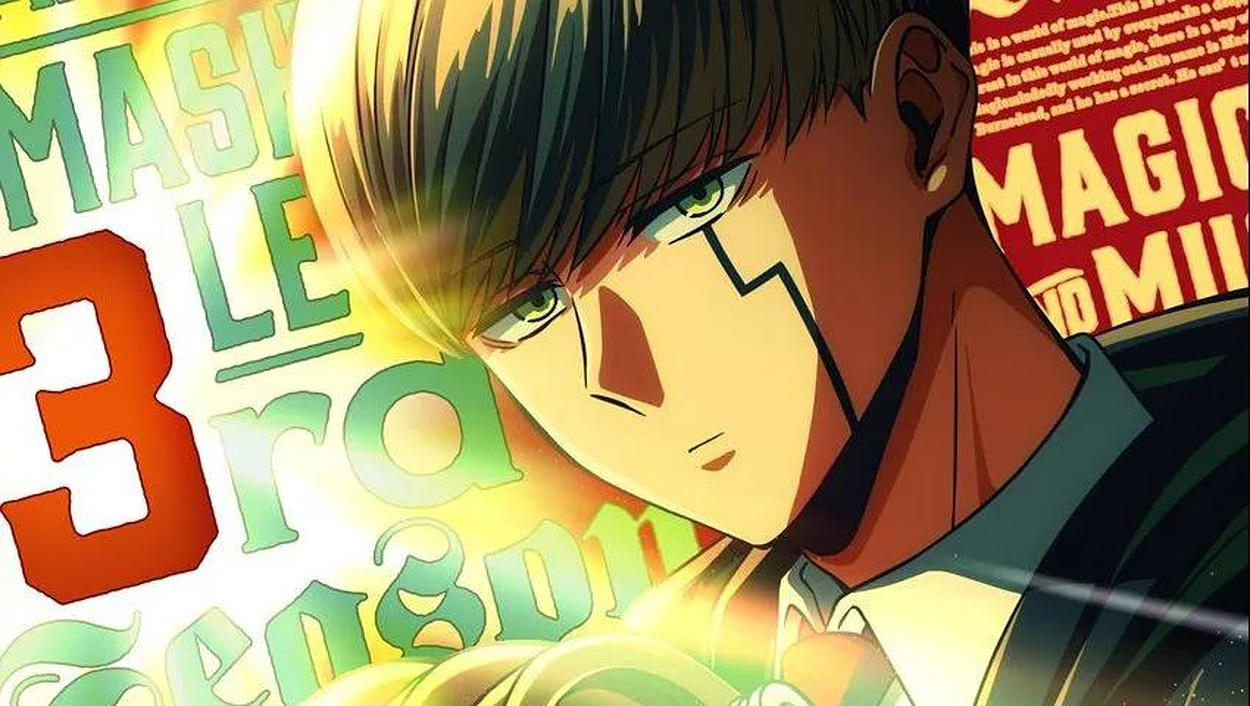 Offizielles Anime-Motiv zu Mashle: Magic and Muscles Staffel 3 mit dem schwarzhaarigen Protagonisten Mash Burnedead in seiner charakteristischen dunklen Zauberschuluniform.