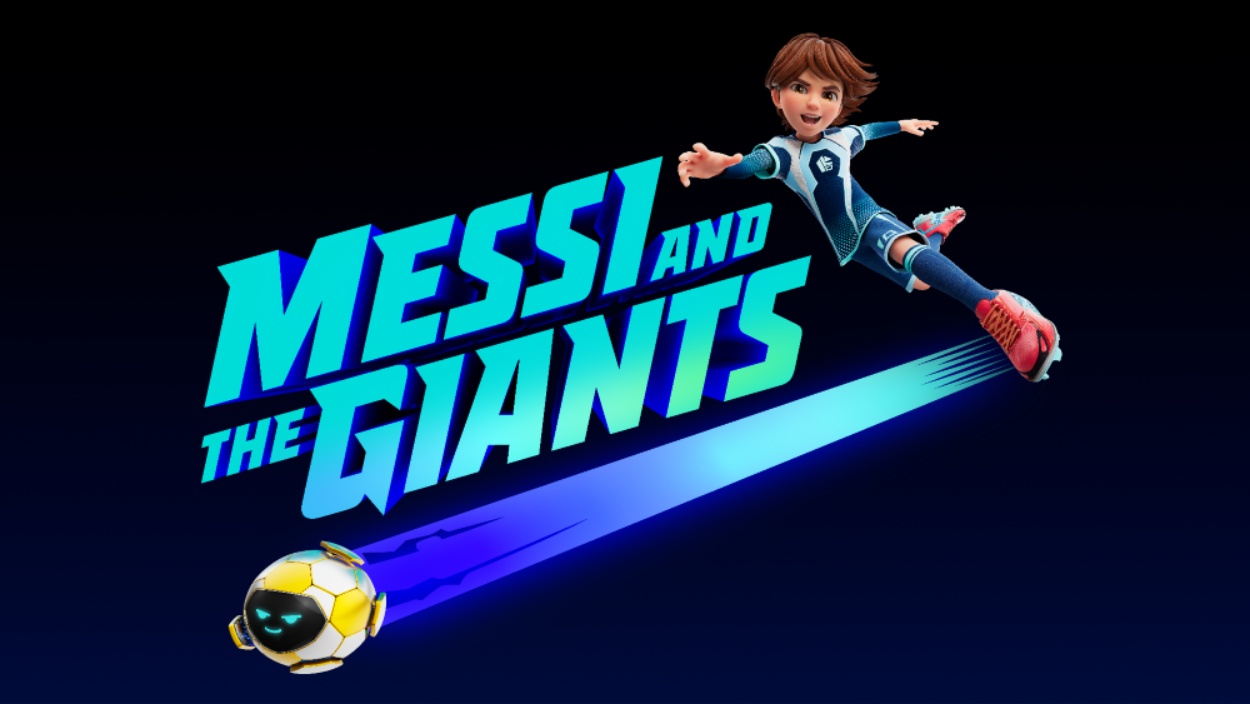 Animierter Junge springt dynamisch neben einem futuristischen magischen Ball vor dem Logo der Fantasyserie Messi and the Giants.