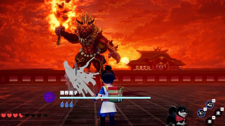 Taiki und sein Shiba Inu Musashi stehen in Mononoke no Kuni einem riesigen feuerbewaffneten Yokai vor einem japanischen Schrein gegenüber.