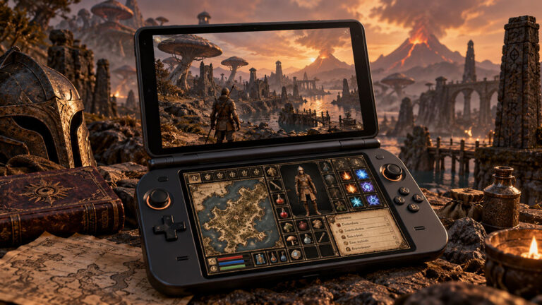 Ein aufgeklapptes schwarzes Gaming-Handheld mit zwei Bildschirmen steht in einer fantastischen Landschaft aus Morrowind. Der obere Bildschirm zeigt einen Abenteurer vor riesigen Pilzen, Tempelruinen und Vulkanen. Auf dem unteren Display erscheinen eine Karte, Inventarfächer, Zaubersymbole und Charakterinformationen. Im Hintergrund liegt Vvardenfell im warmen Licht eines Sonnenuntergangs.