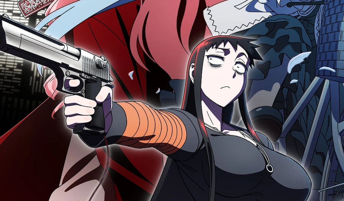 Kuroko Koumori aus dem Anime MURCIÉLAGO richtet eine silberne Pistole nach links. Die schwarzhaarige Frau trägt ein dunkles Oberteil mit orangefarbenen Ärmeln. Im Hintergrund sind weitere Figuren in roten und blauen Farbtönen zu sehen.