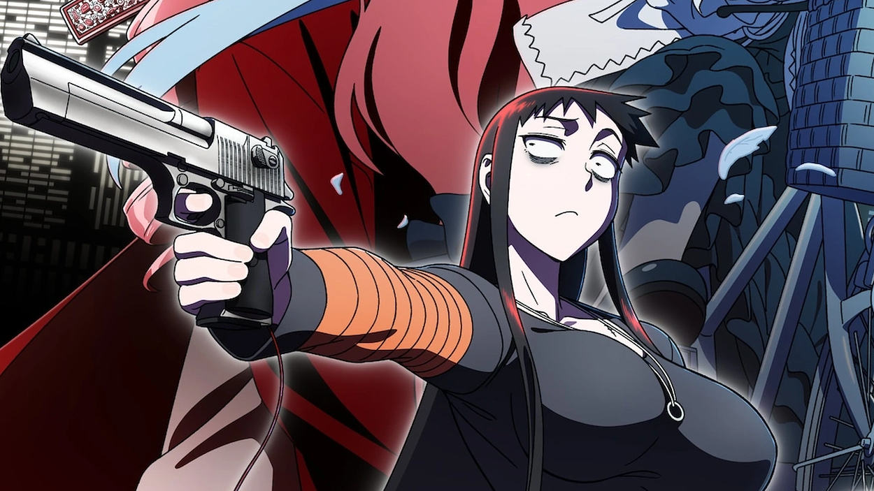 Kuroko Koumori aus dem Anime MURCIÉLAGO richtet eine silberne Pistole nach links. Die schwarzhaarige Frau trägt ein dunkles Oberteil mit orangefarbenen Ärmeln. Im Hintergrund sind weitere Figuren in roten und blauen Farbtönen zu sehen.