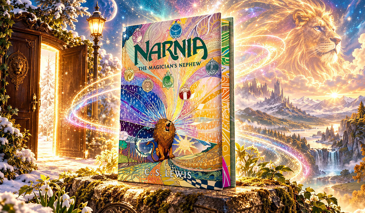Farbenprächtige Fantasy-Illustration mit einer aufrecht stehenden Narnia-Sammlerausgabe von C. S. Lewis auf einem moosbewachsenen Steinsockel. Links öffnet sich eine magische Tür zu einer verschneiten Winterlandschaft, rechts erscheint der riesige goldene Löwe Aslan über Bergen, Schlössern und Wasserfällen. Funkelnde Lichtbahnen durchziehen die Szene.