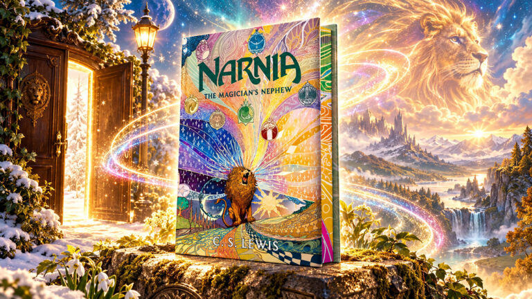Farbenprächtige Fantasy-Illustration mit einer aufrecht stehenden Narnia-Sammlerausgabe von C. S. Lewis auf einem moosbewachsenen Steinsockel. Links öffnet sich eine magische Tür zu einer verschneiten Winterlandschaft, rechts erscheint der riesige goldene Löwe Aslan über Bergen, Schlössern und Wasserfällen. Funkelnde Lichtbahnen durchziehen die Szene.