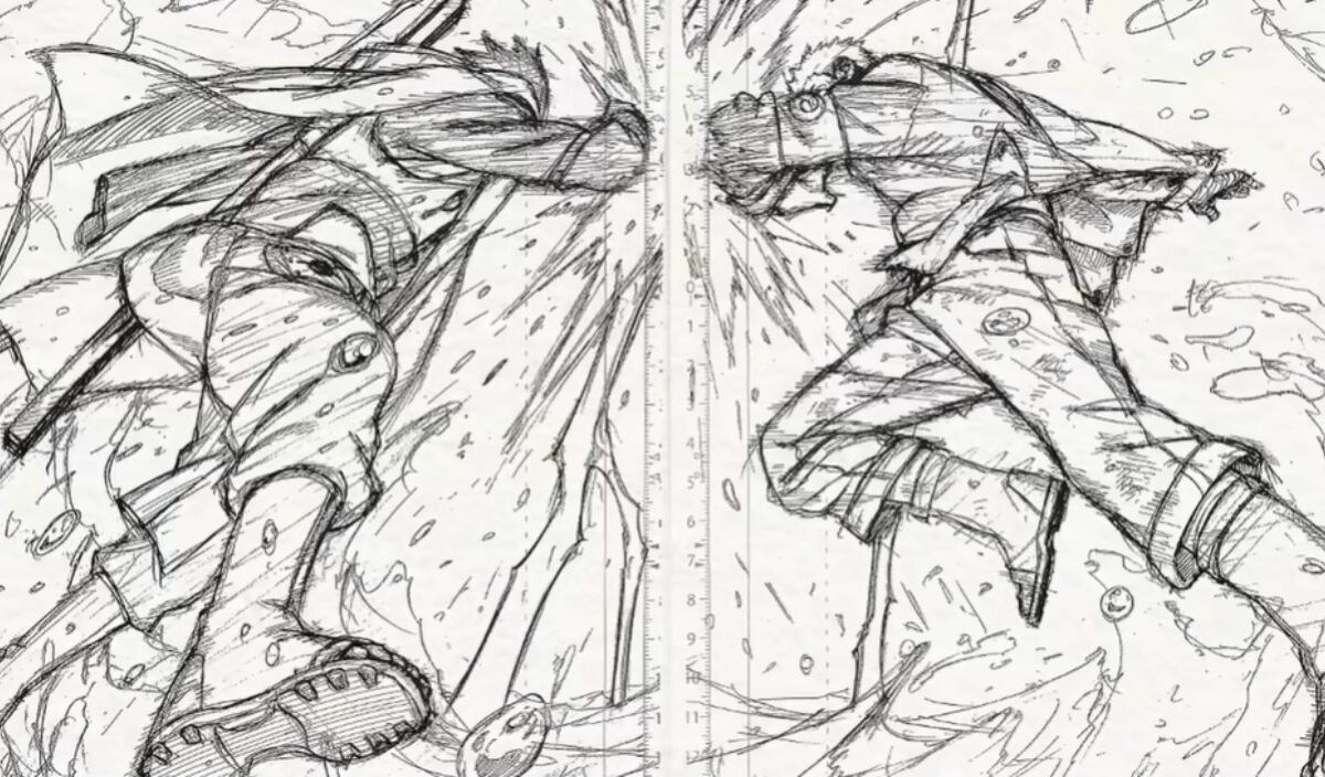 Schwarz-weiße Entwurfszeichnung aus NARUTO: SHADOW RISING, in der Naruto und Sasuke in einer dynamischen Kampfszene aufeinander zustürmen.