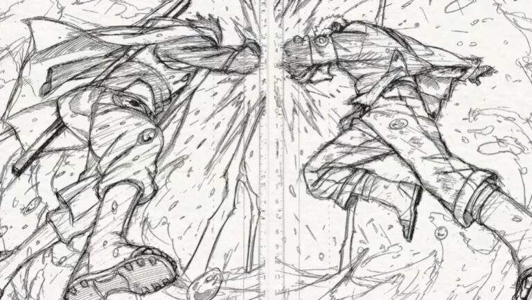 Schwarz-weiße Entwurfszeichnung aus NARUTO: SHADOW RISING, in der Naruto und Sasuke in einer dynamischen Kampfszene aufeinander zustürmen.