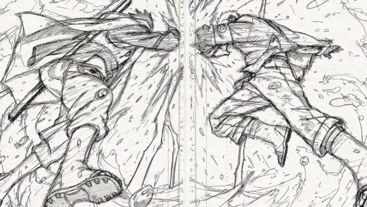 Schwarz-weiße Entwurfszeichnung aus NARUTO: SHADOW RISING, in der Naruto und Sasuke in einer dynamischen Kampfszene aufeinander zustürmen.
