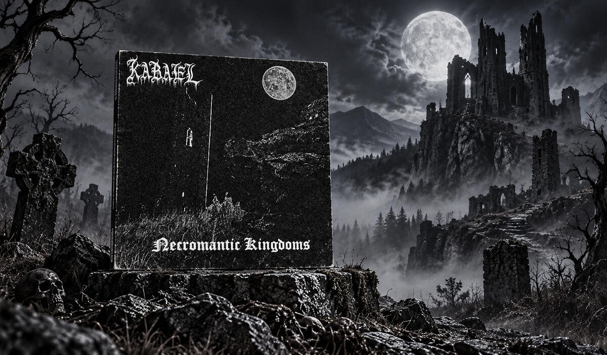 Das Albumcover von Necromantic Kingdoms von Ka’Bael steht auf einem steinernen Sockel in einer düsteren Fantasylandschaft. Umgeben von Grabmalen, Schädeln und kahlen Bäumen erhebt sich im Hintergrund eine verfallene Ruinenburg unter einem hellen Vollmond.