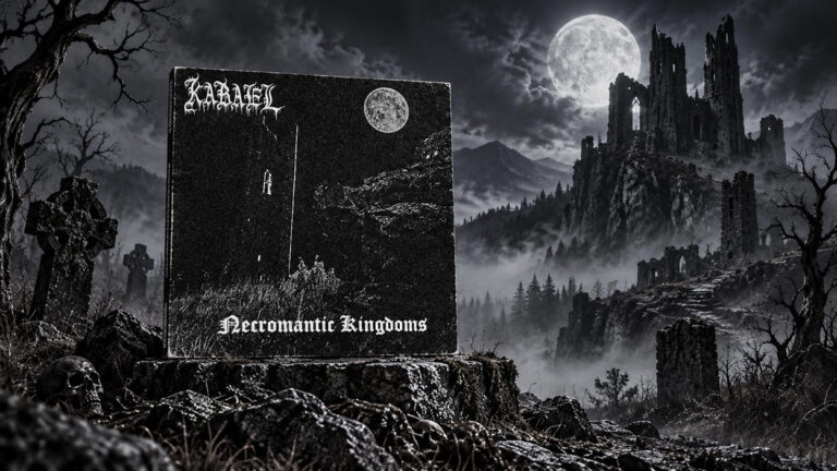 Das Albumcover von Necromantic Kingdoms von Ka’Bael steht auf einem steinernen Sockel in einer düsteren Fantasylandschaft. Umgeben von Grabmalen, Schädeln und kahlen Bäumen erhebt sich im Hintergrund eine verfallene Ruinenburg unter einem hellen Vollmond.