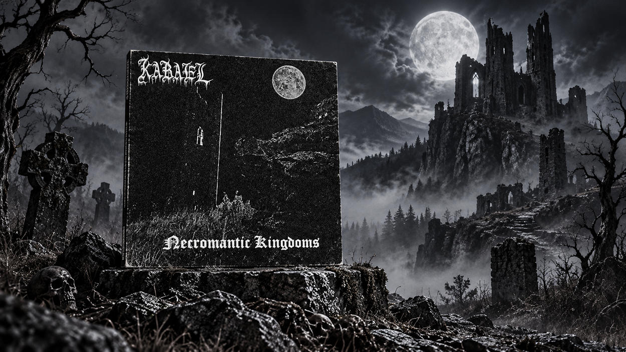 Das Albumcover von Necromantic Kingdoms von Ka’Bael steht auf einem steinernen Sockel in einer düsteren Fantasylandschaft. Umgeben von Grabmalen, Schädeln und kahlen Bäumen erhebt sich im Hintergrund eine verfallene Ruinenburg unter einem hellen Vollmond.