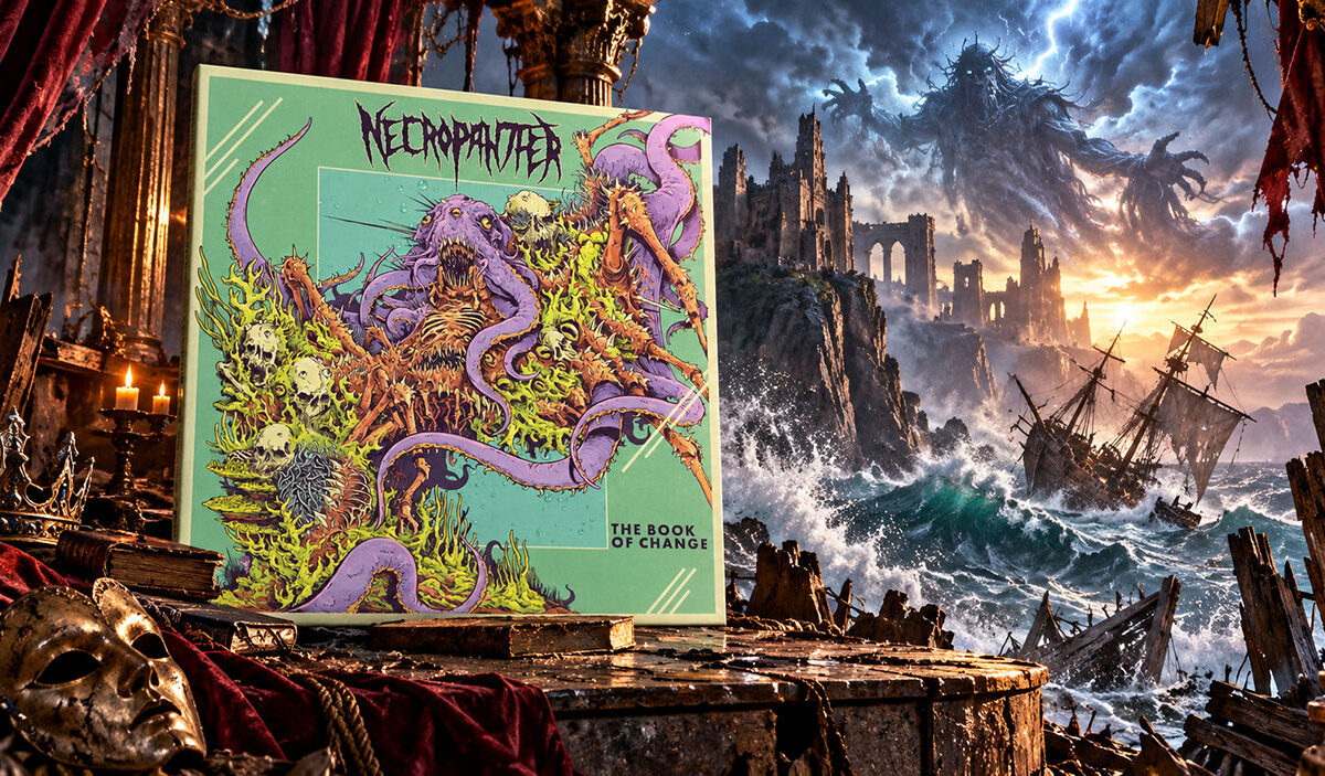 Das Originalcover des Necropanther-Albums The Book of Change steht auf einer alten Theaterbühne. Dahinter tobt ein gewaltiger Sturm über einer felsigen Küste. Ein Segelschiff kämpft gegen riesige Wellen, während eine finstere Geistergestalt über den Burgruinen erscheint.