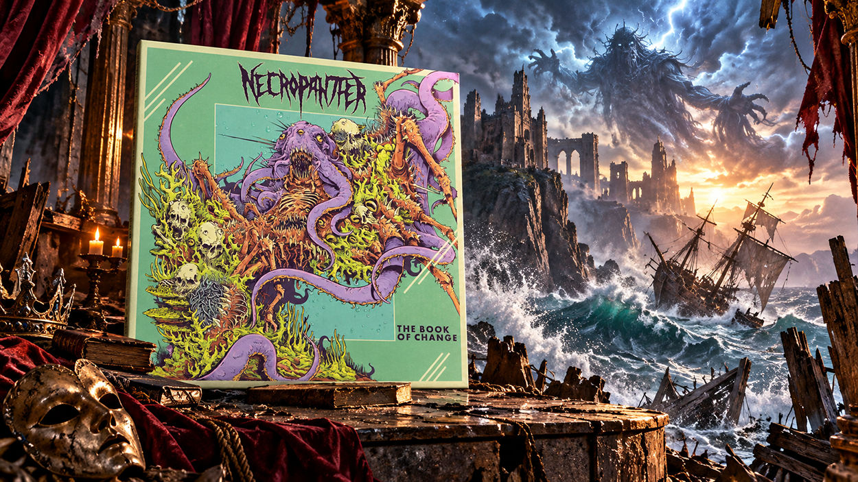 Das Originalcover des Necropanther-Albums The Book of Change steht auf einer alten Theaterbühne. Dahinter tobt ein gewaltiger Sturm über einer felsigen Küste. Ein Segelschiff kämpft gegen riesige Wellen, während eine finstere Geistergestalt über den Burgruinen erscheint.