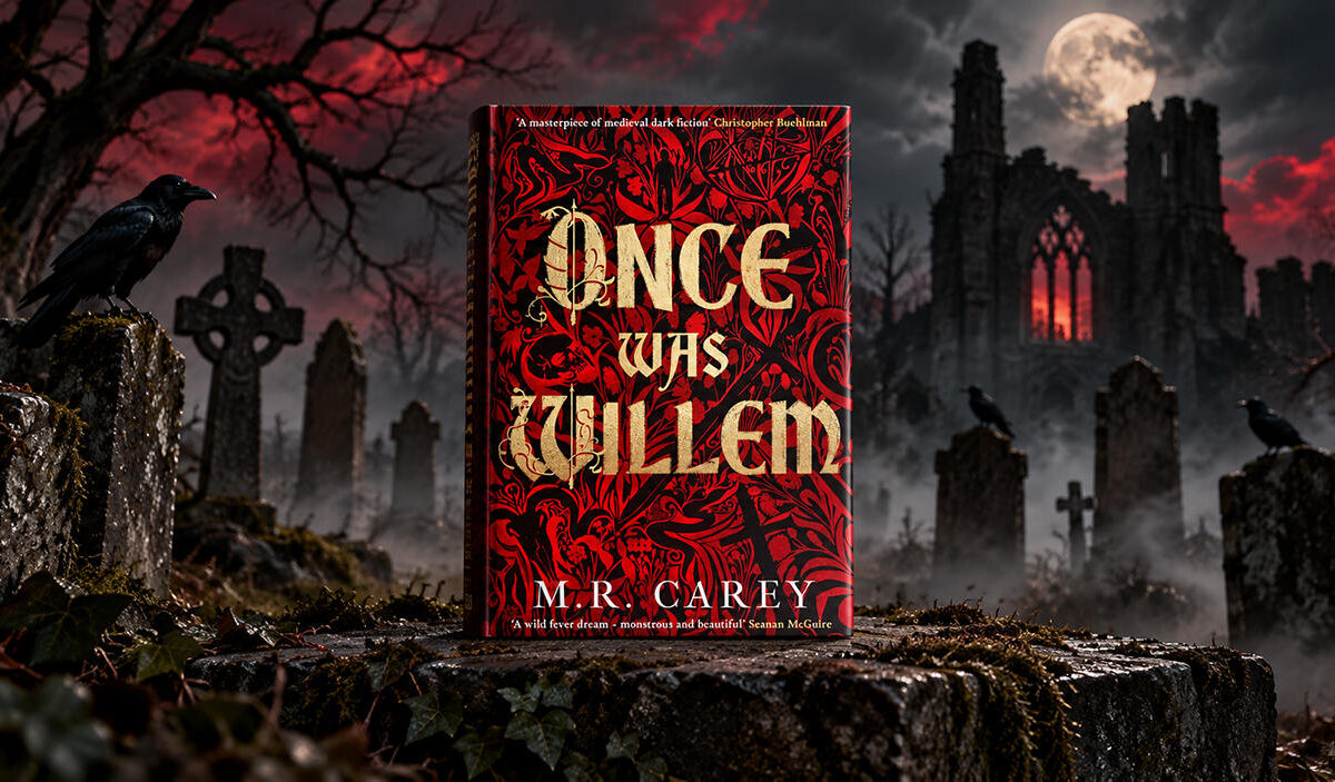 Das Buchcover von Once Was Willem von M. R. Carey steht auf einem steinernen Sockel in einem nebligen Friedhof. Im Hintergrund sind Grabsteine, Raben, kahle Bäume, eine Ruinenkirche und ein voller Mond vor dramatisch rot-schwarzem Himmel zu sehen.