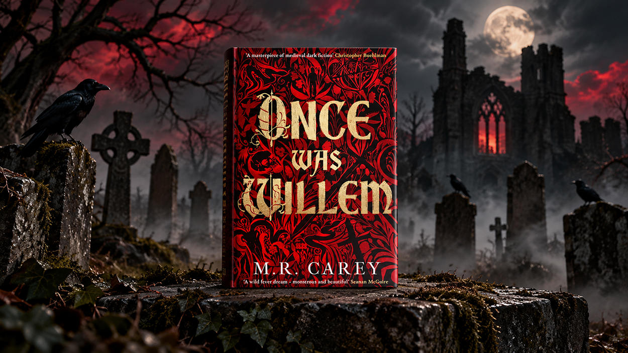 Das Buchcover von Once Was Willem von M. R. Carey steht auf einem steinernen Sockel in einem nebligen Friedhof. Im Hintergrund sind Grabsteine, Raben, kahle Bäume, eine Ruinenkirche und ein voller Mond vor dramatisch rot-schwarzem Himmel zu sehen.