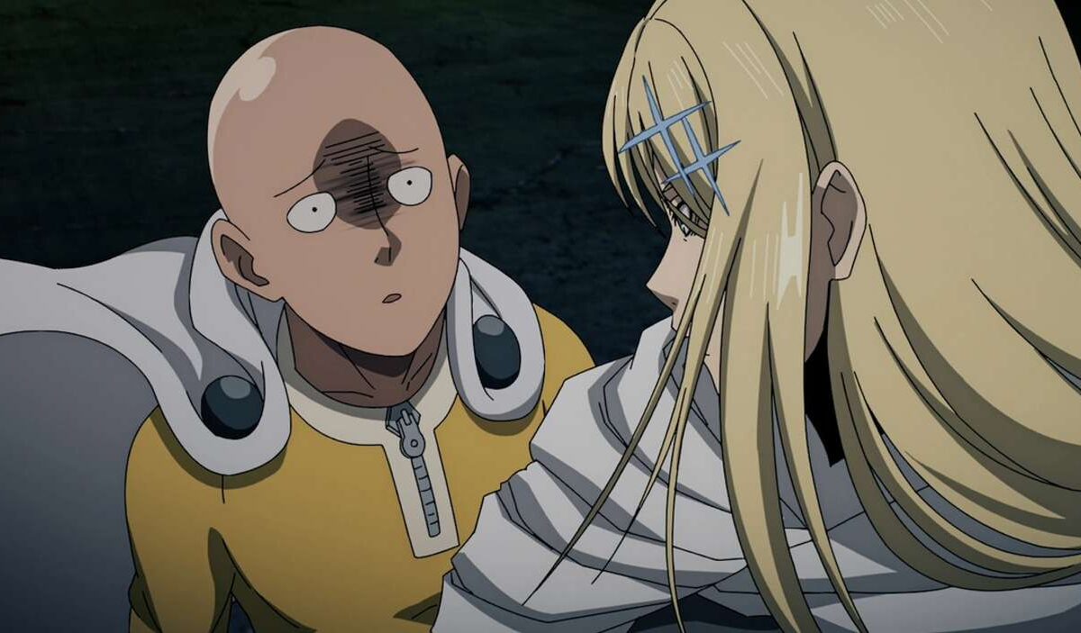 Saitama blickt in einer Szene aus One-Punch Man überrascht zu Flashy Flash, während beide tief im Hauptquartier der Monster-Vereinigung unterwegs sind.