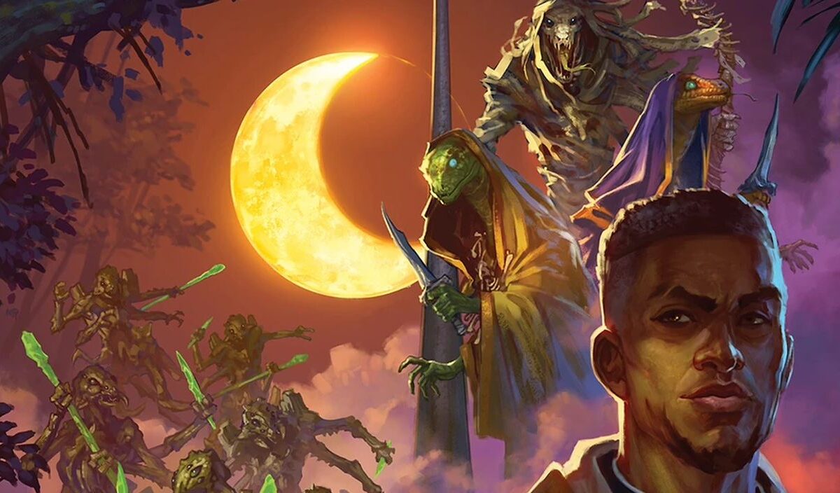 Mehrere düstere Fantasywesen stehen vor einer leuchtenden Mondsichel, während ein menschlicher Abenteurer im Vordergrund zu sehen ist.