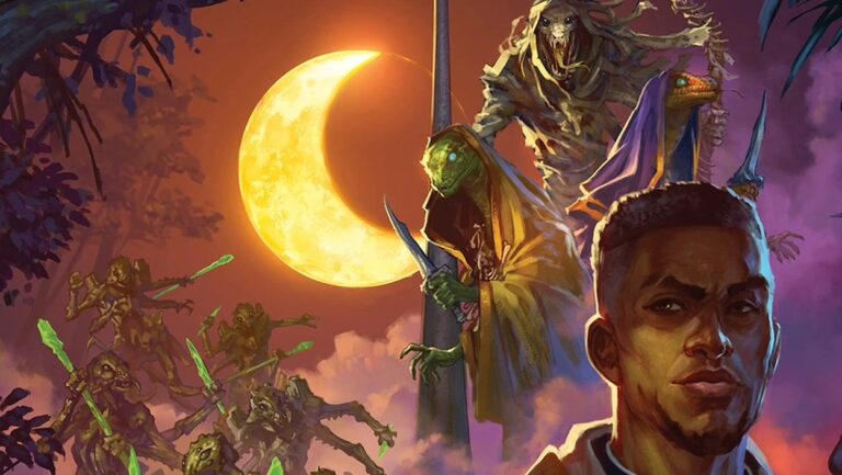 Mehrere düstere Fantasywesen stehen vor einer leuchtenden Mondsichel, während ein menschlicher Abenteurer im Vordergrund zu sehen ist.