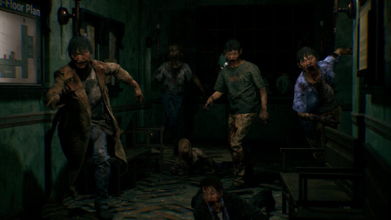 Gameplay-Screenshot aus PENANCE von Furistic Studio. Sechs verwahrloste, zombieartige Kreaturen drängen durch einen dunklen, grünlich beleuchteten Korridor. Vier stehen aufrecht, zwei kriechen über den Boden. Zerschlissene Kleidung, blutverschmierte Gesichter und beschädigte Wände verstärken die bedrückende Horroratmosphäre.