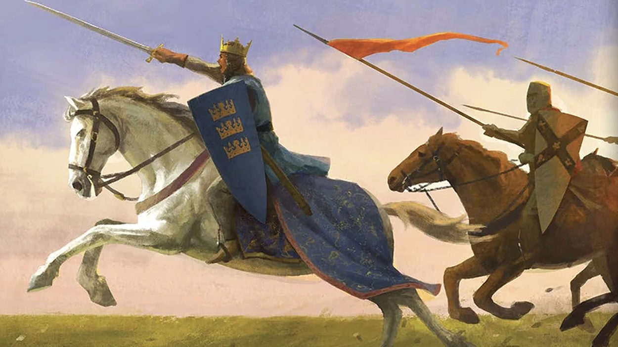 Fantasy-Illustration zu Pendragon – The Boy King: König Artus reitet mit erhobenem Schwert auf einem weißen Schlachtross in die Schlacht. Er trägt eine goldene Krone und einen blauen Schild mit drei goldenen Kronen. Bewaffnete Ritter folgen ihm.