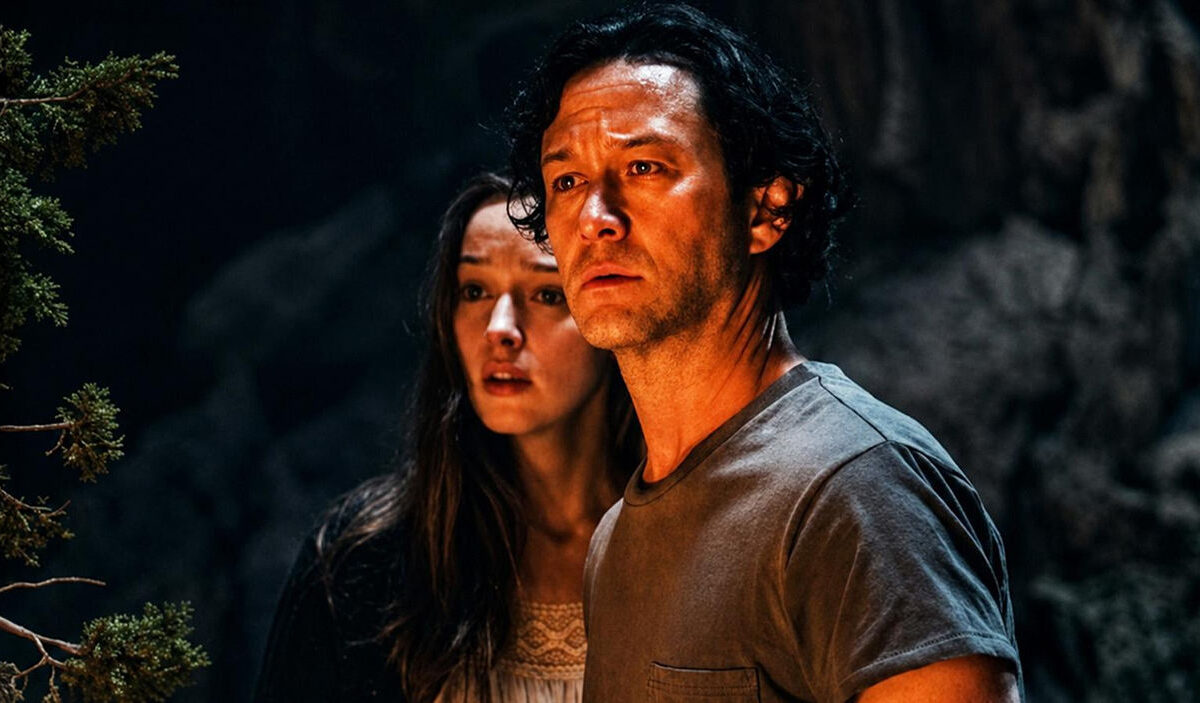 Filmszene aus Pendulum: Joseph Gordon-Levitt und Phoebe Dynevor sitzen angespannt in einem warm beleuchteten Raum und blicken nervös in dieselbe Richtung.