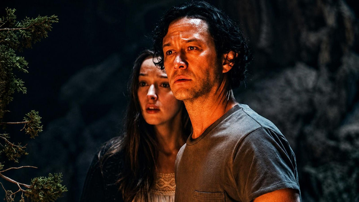 Filmszene aus Pendulum: Joseph Gordon-Levitt und Phoebe Dynevor sitzen angespannt in einem warm beleuchteten Raum und blicken nervös in dieselbe Richtung.