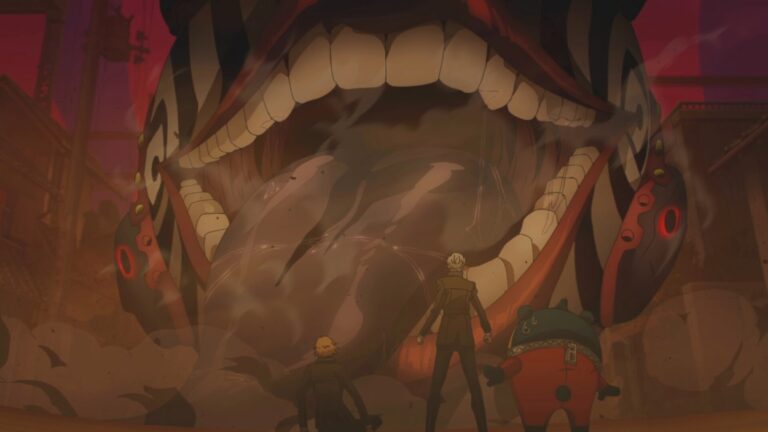 Drei Figuren stehen in Persona 4 Revival vor einem gewaltigen, weit aufgerissenen Shadow-Monster in einer düsteren roten Umgebung.
