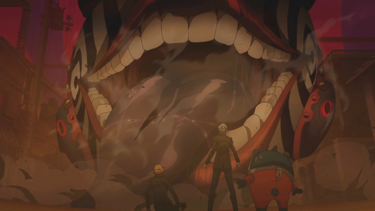 Drei Figuren stehen in Persona 4 Revival vor einem gewaltigen, weit aufgerissenen Shadow-Monster in einer düsteren roten Umgebung.