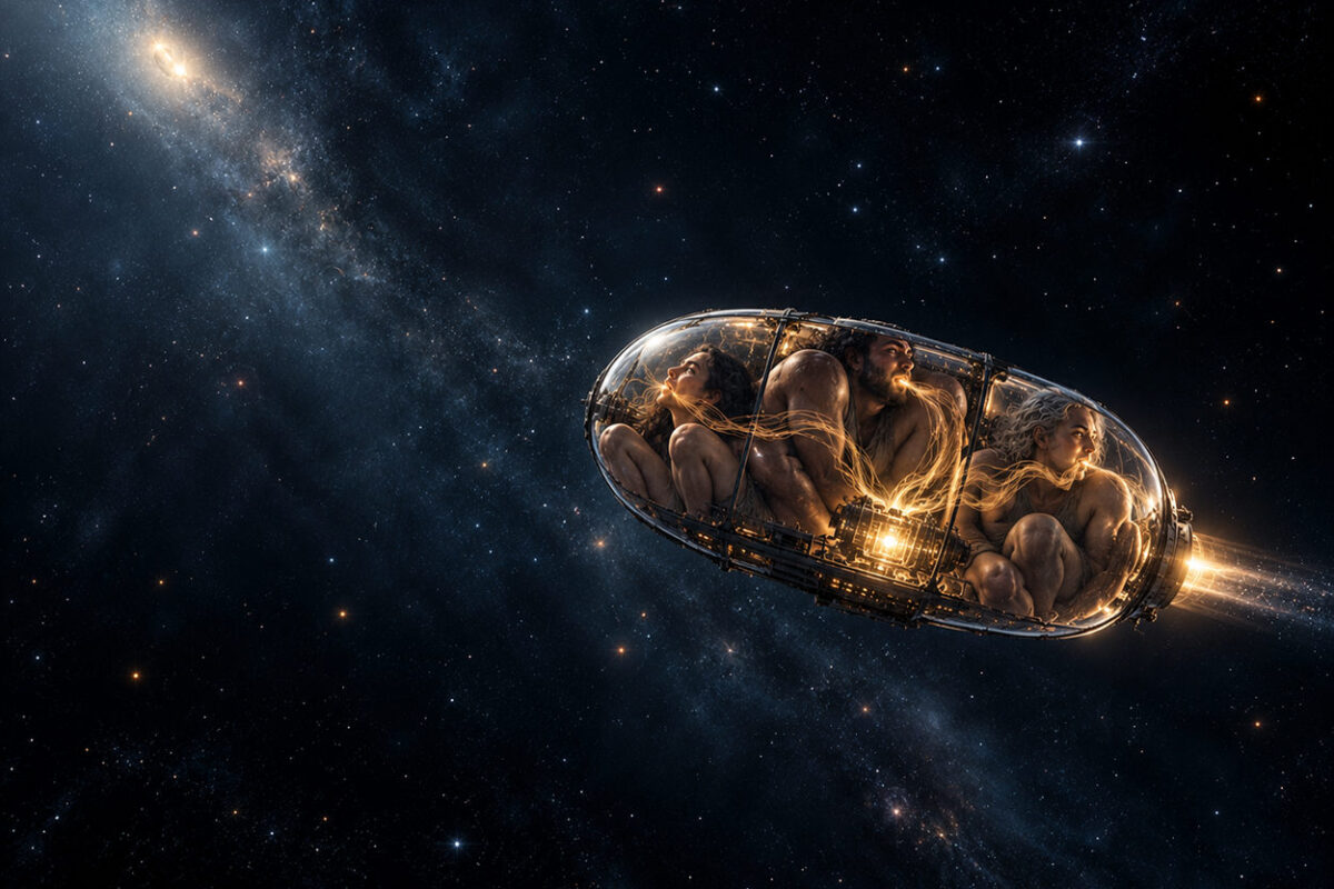 Drei riesenhafte Menschen sind in einem viel zu kleinen gläsernen Raumschiff im Weltraum eingezwängt. Goldene Lichtfäden aus ihren Mündern treiben den Antrieb an, während sich um sie herum ein fast leerer, tiefblauer Kosmos ausbreitet.