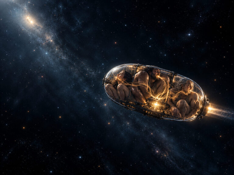 Drei riesenhafte Menschen sind in einem viel zu kleinen gläsernen Raumschiff im Weltraum eingezwängt. Goldene Lichtfäden aus ihren Mündern treiben den Antrieb an, während sich um sie herum ein fast leerer, tiefblauer Kosmos ausbreitet.