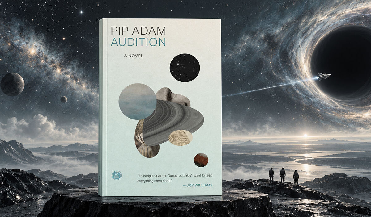 Der Roman Audition von Pip Adam steht auf einem dunklen Felssockel vor einer gewaltigen Sternenlandschaft. Rechts nähert sich ein kleines Raumschiff einem Schwarzen Loch, während drei menschliche Gestalten auf eine fremdartige Landschaft blicken.