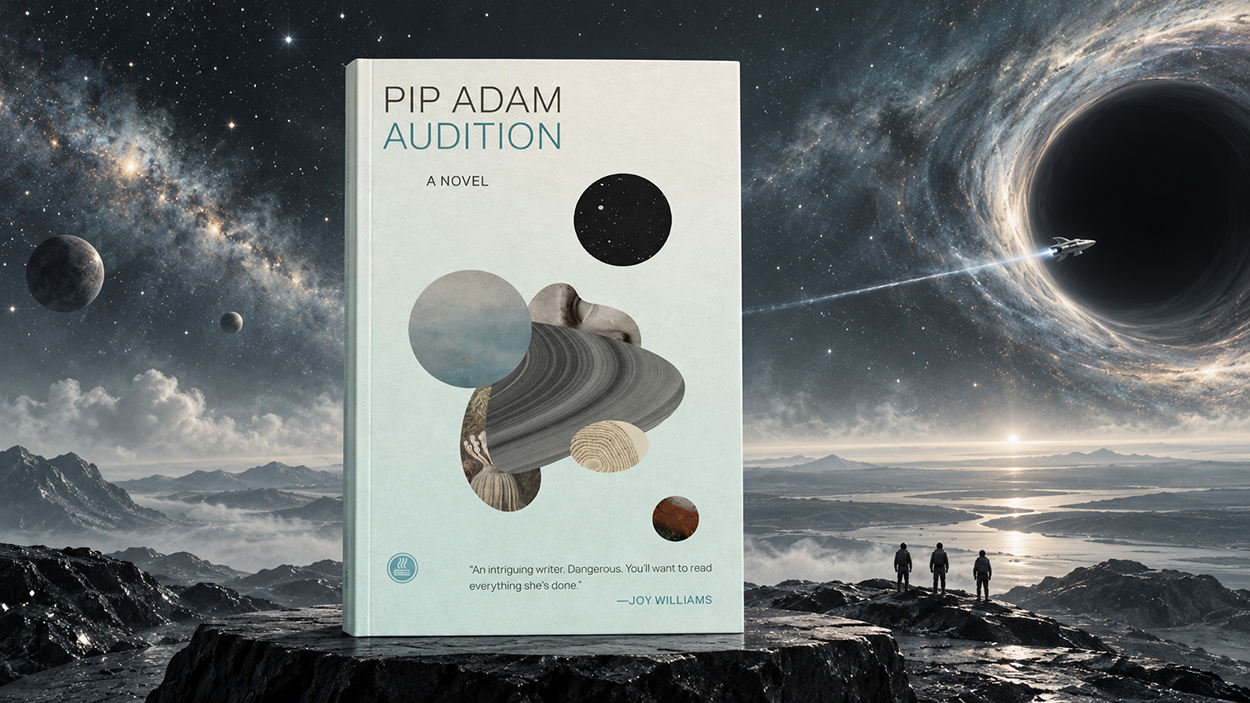 Der Roman Audition von Pip Adam steht auf einem dunklen Felssockel vor einer gewaltigen Sternenlandschaft. Rechts nähert sich ein kleines Raumschiff einem Schwarzen Loch, während drei menschliche Gestalten auf eine fremdartige Landschaft blicken.