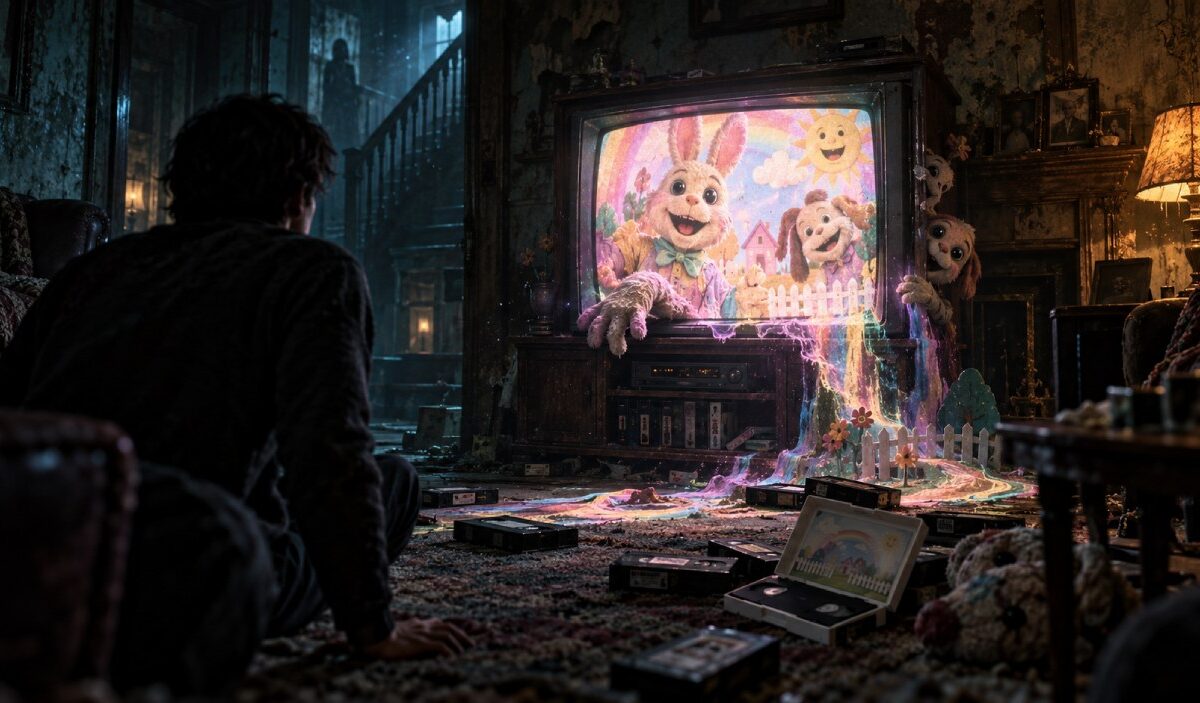 Ein Mann sitzt in einem verfallenen Wohnzimmer vor einem alten Fernseher, aus dem eine grellbunte Kindersendung mit unheimlichen Figuren in den Raum überläuft.