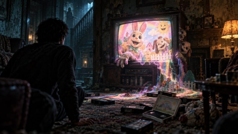 Ein Mann sitzt in einem verfallenen Wohnzimmer vor einem alten Fernseher, aus dem eine grellbunte Kindersendung mit unheimlichen Figuren in den Raum überläuft.