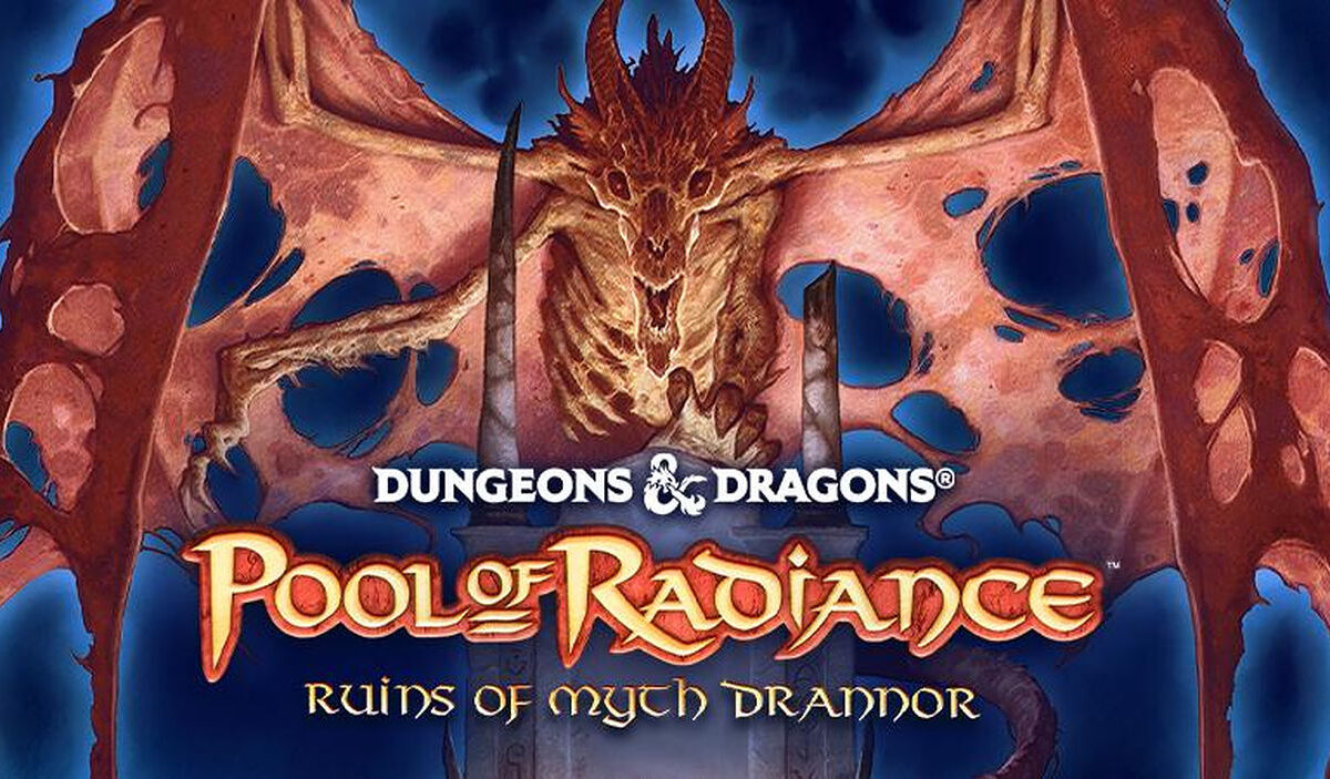 Fantasy-Motiv zu Pool of Radiance: Ruins of Myth Drannor mit einem bedrohlichen untoten Drachen vor düsteren Ruinen und einer Gruppe von Abenteurern im Vordergrund.