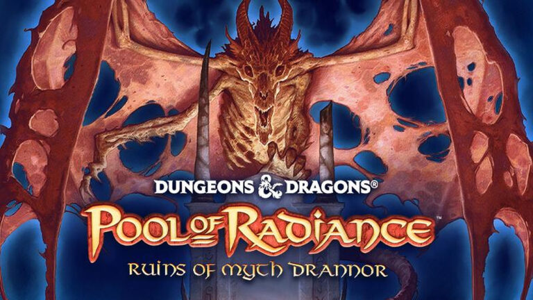 Fantasy-Motiv zu Pool of Radiance: Ruins of Myth Drannor mit einem bedrohlichen untoten Drachen vor düsteren Ruinen und einer Gruppe von Abenteurern im Vordergrund.