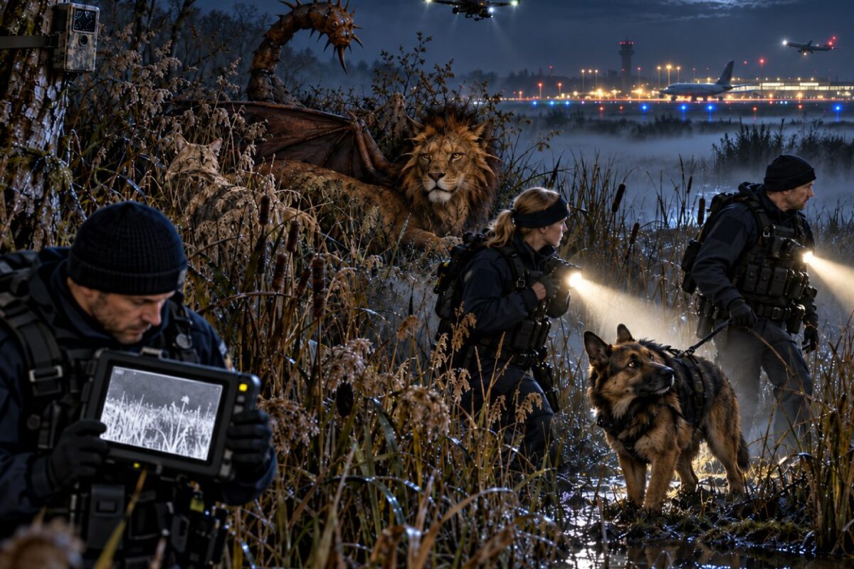 Mehrere Einsatzkräfte durchsuchen nachts ein Moor mit Taschenlampen, Wärmebildgerät, Drohne und Schäferhund. Direkt hinter ihnen sitzt zwischen Schilf und Büschen eine große Fantasiekreatur mit Löwenkörper, Flügeln und stacheligem Schwanz; im Hintergrund ist ein beleuchteter Flughafen zu sehen.