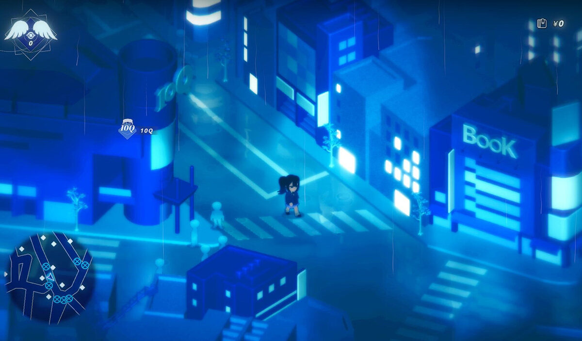 Gameplay-Screenshot aus Rain98 mit einer kleinen dunkelhaarigen Spielfigur auf einem Zebrastreifen in einer neonblau beleuchteten japanischen Stadt. Leuchtende Hochhäuser, schemenhafte Passanten und feine Regenstreifen prägen die nächtliche Straßenszene.
