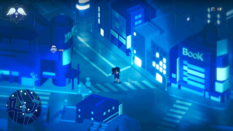 Gameplay-Screenshot aus Rain98 mit einer kleinen dunkelhaarigen Spielfigur auf einem Zebrastreifen in einer neonblau beleuchteten japanischen Stadt. Leuchtende Hochhäuser, schemenhafte Passanten und feine Regenstreifen prägen die nächtliche Straßenszene.