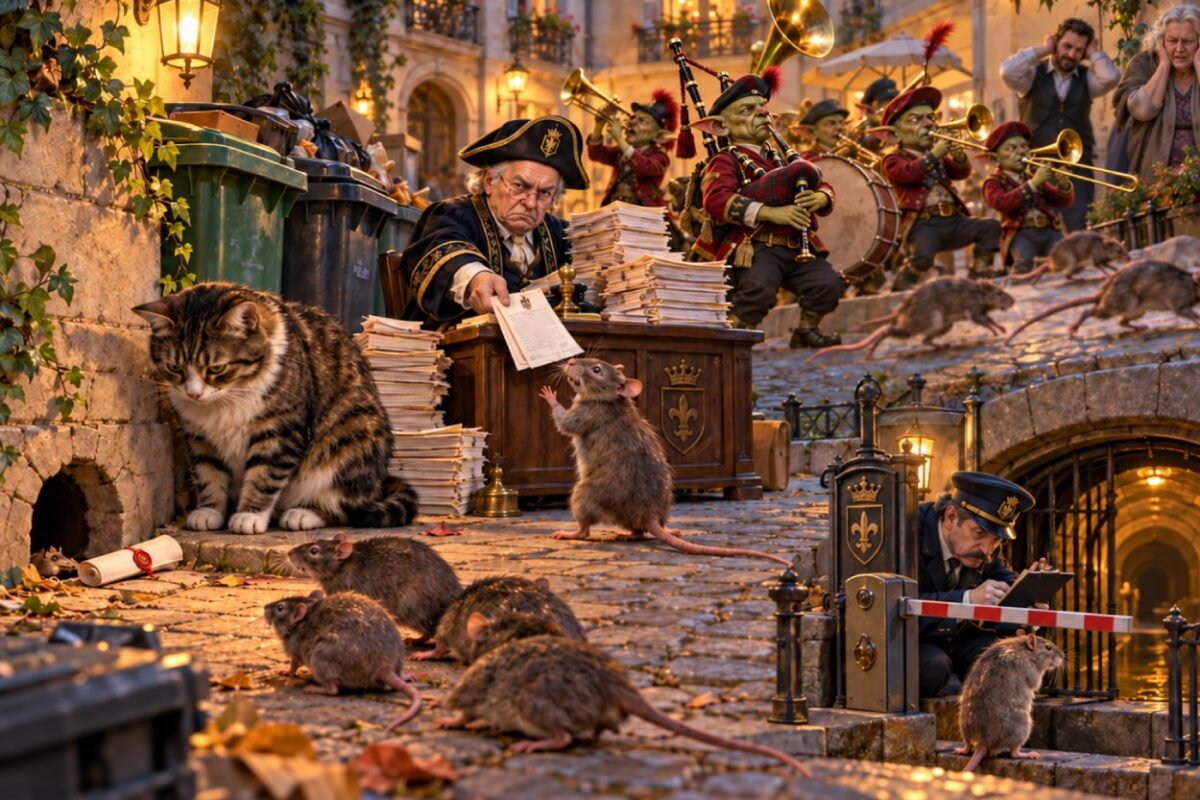 Mehrere Ratten sitzen vor einem Müllplatz, während ein Kater ihren Bau beobachtet, ein Beamter Formulare verteilt und im Hintergrund eine kleine Blaskapelle spielt.
