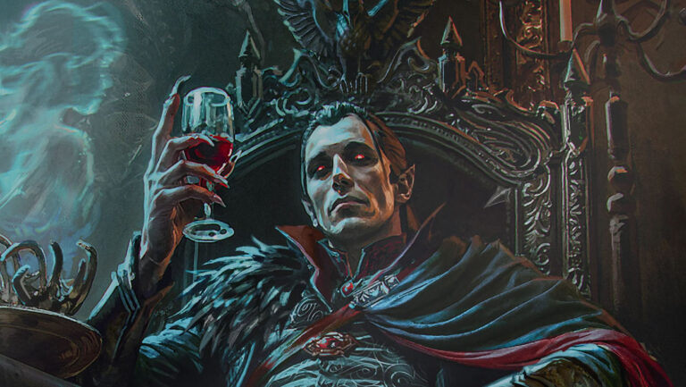 Ein bleicher Vampir mit roten Augen sitzt auf einem reich verzierten dunklen Thron und hebt ein Glas mit roter Flüssigkeit. Hinter ihm erscheint geisterhaft eine bläuliche Gestalt.