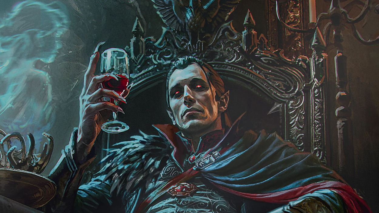 Ein bleicher Vampir mit roten Augen sitzt auf einem reich verzierten dunklen Thron und hebt ein Glas mit roter Flüssigkeit. Hinter ihm erscheint geisterhaft eine bläuliche Gestalt.