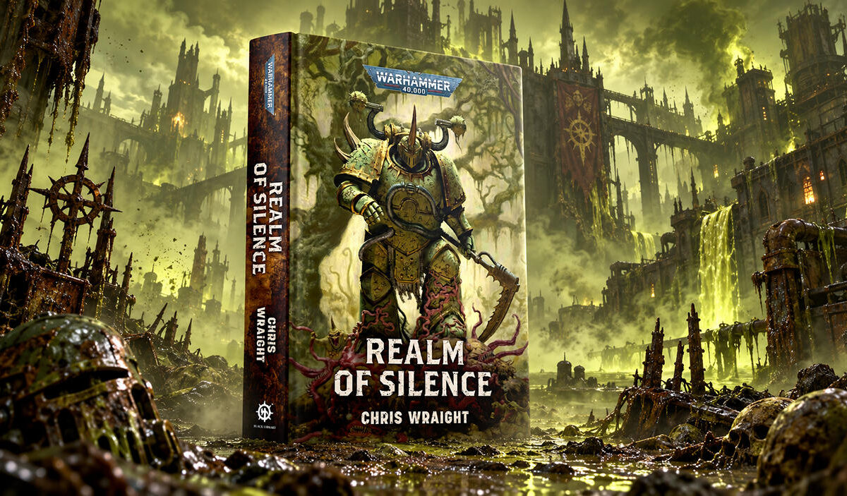 Das Buchcover von Realm of Silence von Chris Wraight steht in einer verseuchten dystopischen Stadtlandschaft mit grünlichem Nebel, fauligem Schlamm, Schädeln und verfallenen Festungsbauten im Stil von Warhammer 40.000.
