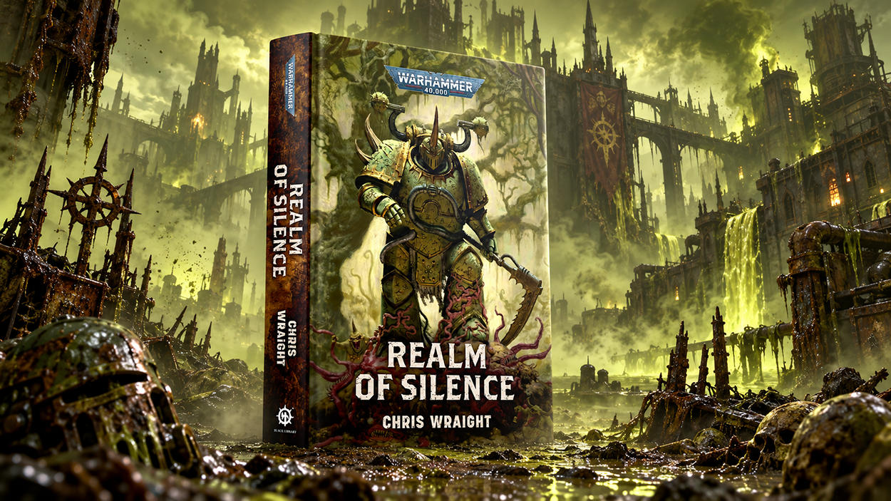 Das Buchcover von Realm of Silence von Chris Wraight steht in einer verseuchten dystopischen Stadtlandschaft mit grünlichem Nebel, fauligem Schlamm, Schädeln und verfallenen Festungsbauten im Stil von Warhammer 40.000.