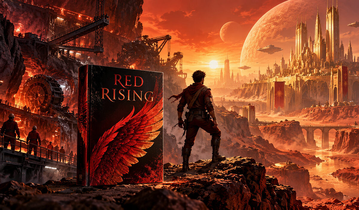 Cineastische Science-Fiction-Illustration zu Red Rising: Links arbeiten rot gekleidete Bergleute in einer riesigen, glühenden Marsmine. Im Vordergrund steht ein Buch mit rotem Flügelmotiv neben einem jungen Mann, der auf eine monumentale goldene Stadt unter dem rostroten Marshimmel blickt.