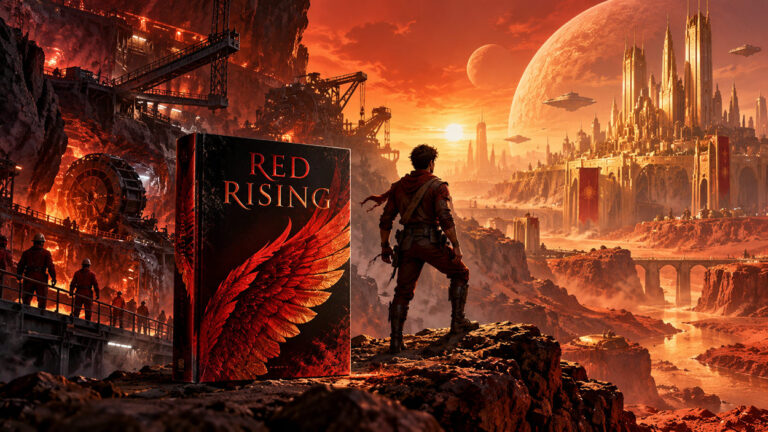 Cineastische Science-Fiction-Illustration zu Red Rising: Links arbeiten rot gekleidete Bergleute in einer riesigen, glühenden Marsmine. Im Vordergrund steht ein Buch mit rotem Flügelmotiv neben einem jungen Mann, der auf eine monumentale goldene Stadt unter dem rostroten Marshimmel blickt.