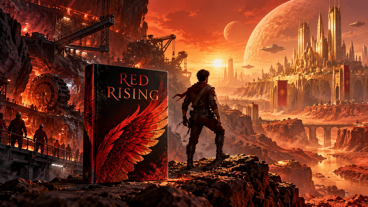 Cineastische Science-Fiction-Illustration zu Red Rising: Links arbeiten rot gekleidete Bergleute in einer riesigen, glühenden Marsmine. Im Vordergrund steht ein Buch mit rotem Flügelmotiv neben einem jungen Mann, der auf eine monumentale goldene Stadt unter dem rostroten Marshimmel blickt.